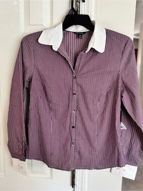 George Striped Winchester Blouse Contrast Collar Stretch Shirt Women L 12-14 NWT